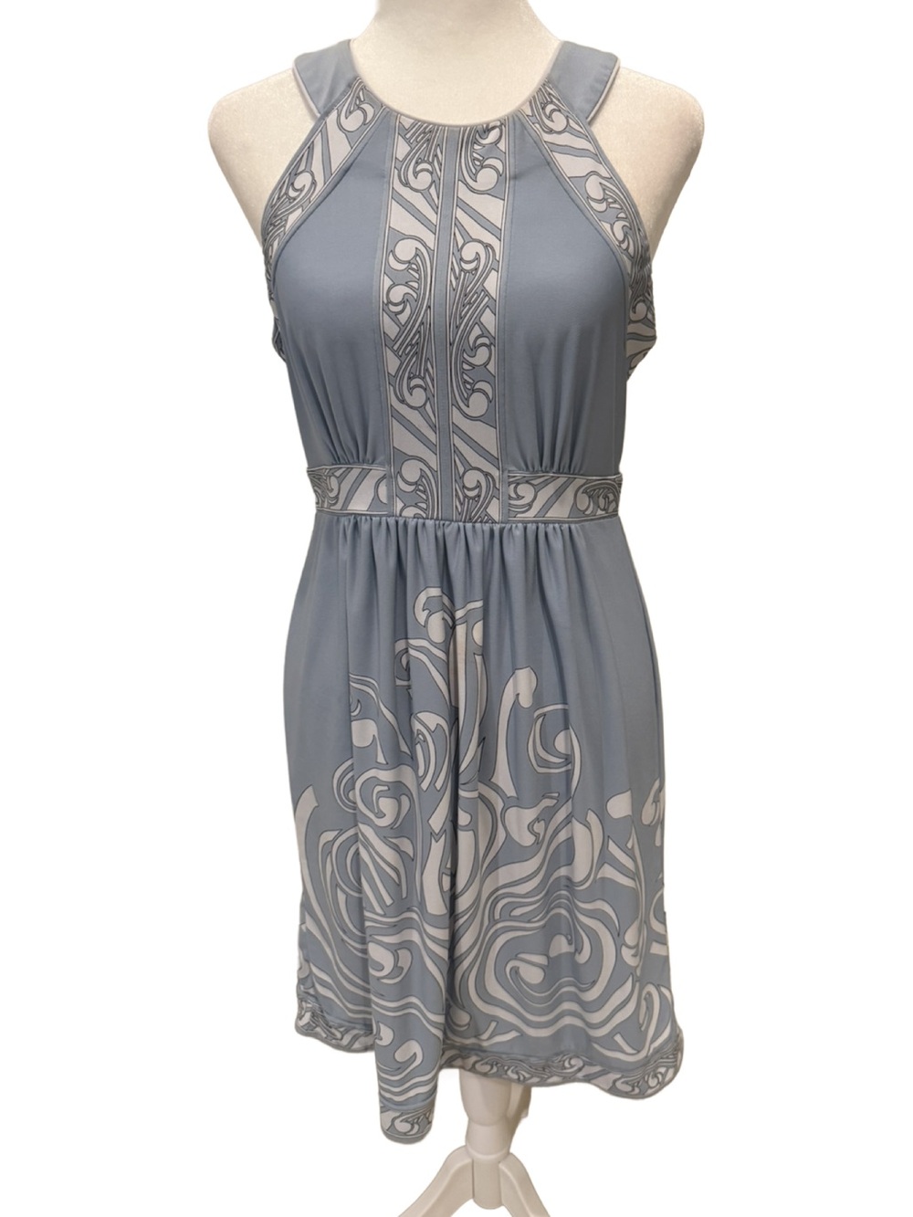 BCBG Maxazria Y2K Light Blue Patterned Halter Dress. Small